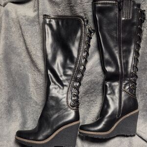 Elegant Black Over the Knee Lace-Up Wedge Boots